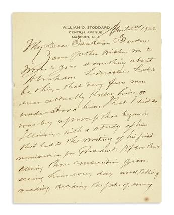 (AUTOGRAPHS.) Group of 9 items relating to William O. Stoddard and Lincolns other staff secretaries.